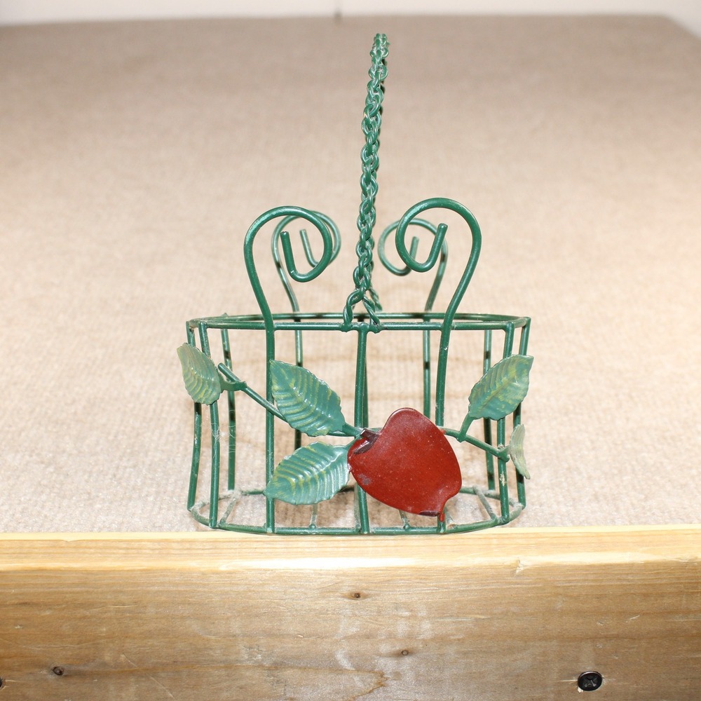 Vintage Green Wire Miniature Basket Red Apple Leaf Decor Farmhouse Small Caddy